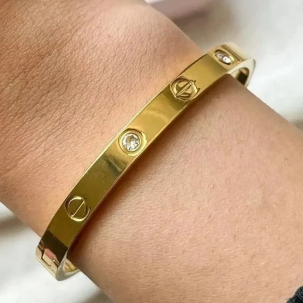 Gold Bangle Bracelet With Stones Stainless Steel 18K Gold Plated